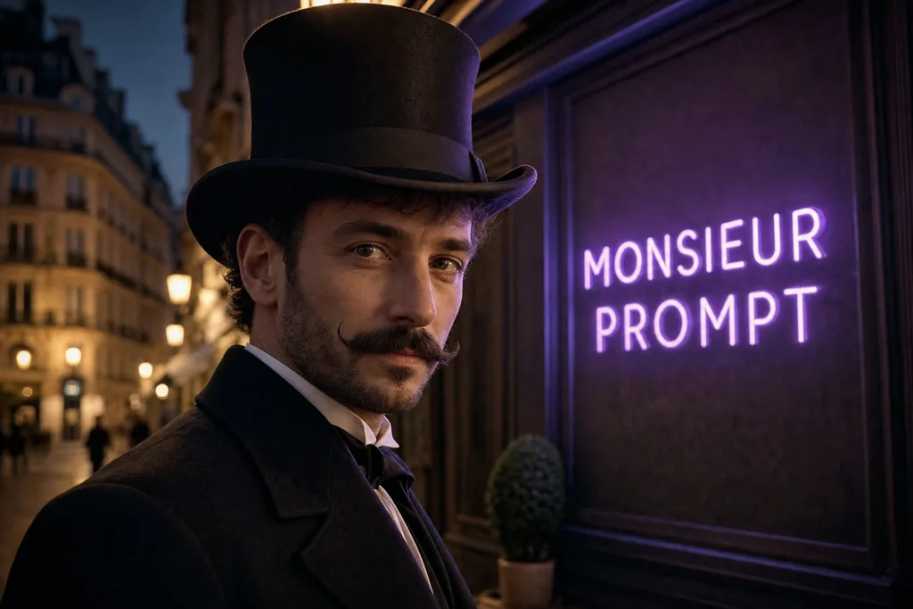 Portrait photoréaliste d'un gentleman en haut-de-forme dans une rue parisienne, avec une enseigne néon « Source IA » parfaitement lisible, généré avec GPT Image 2