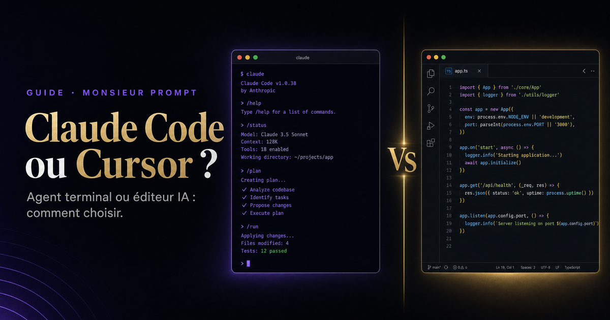 Carte comparatif Claude Code ou Cursor pour produire avec l'IA