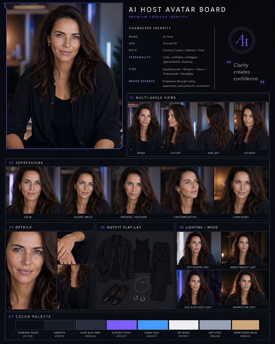 Avatar board IA · femme : angles, expressions, détails, tenue, lumière et palette