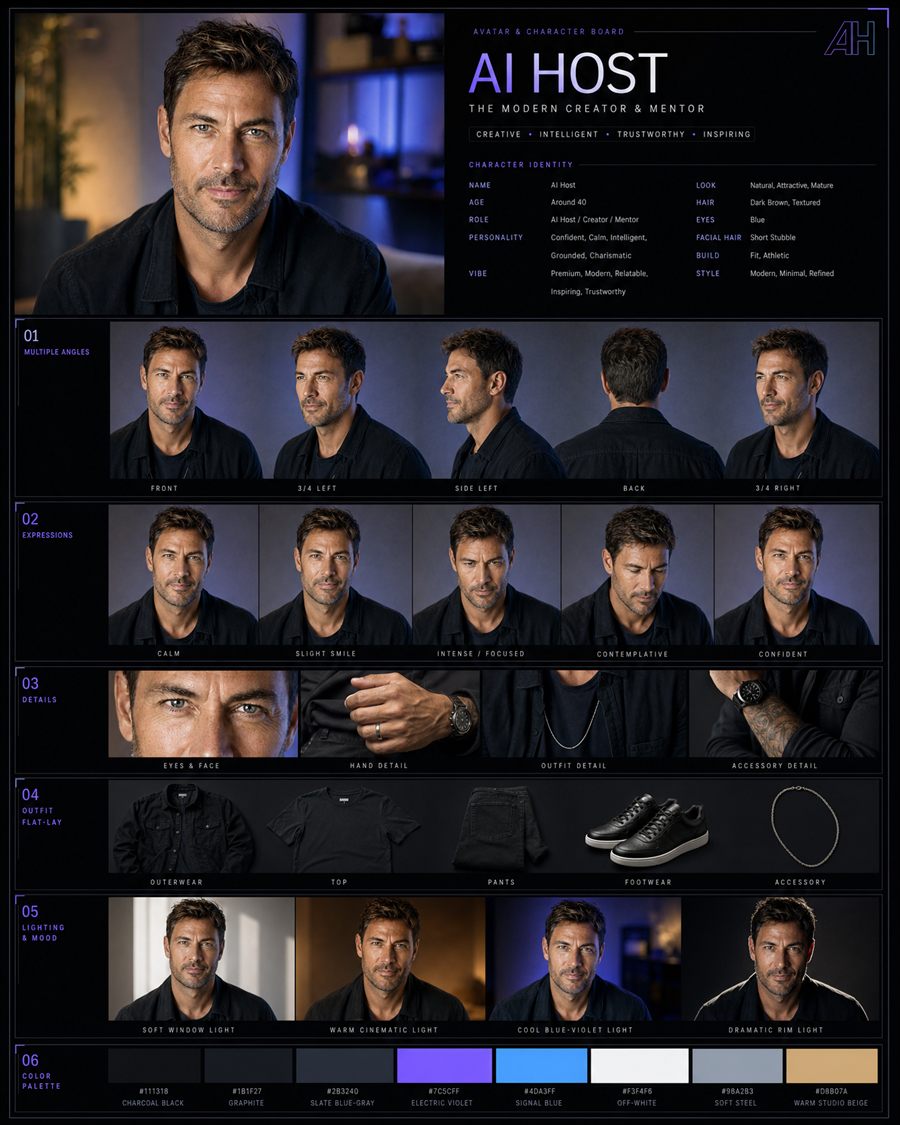 Avatar board IA · homme : angles, expressions, détails, tenue, lumière et palette