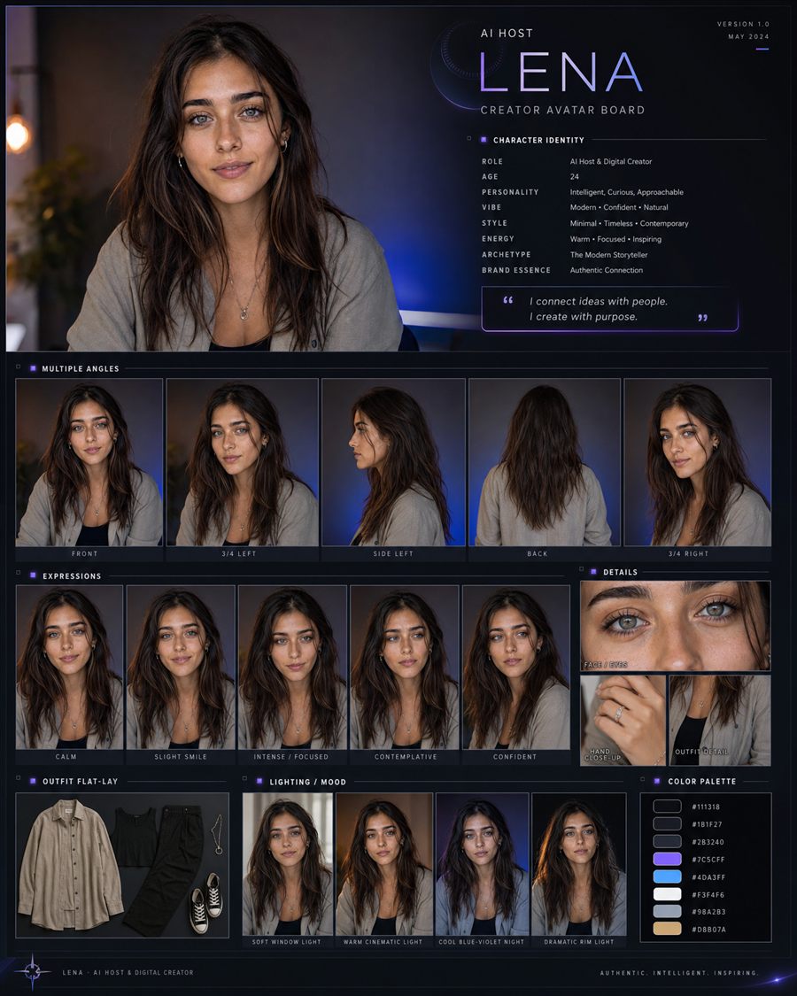 Avatar board IA · jeune femme : angles, expressions, détails, tenue, lumière et palette