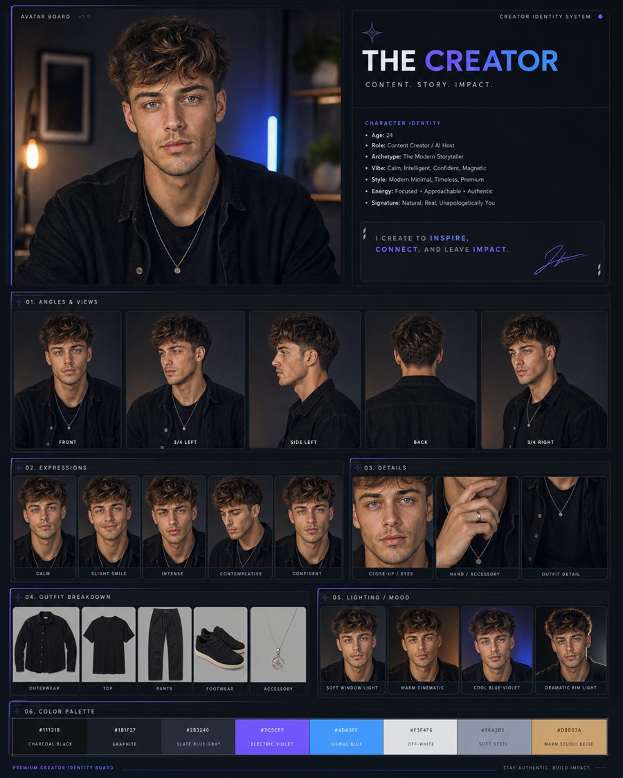 Avatar board IA · jeune homme : angles, expressions, détails, tenue, lumière et palette