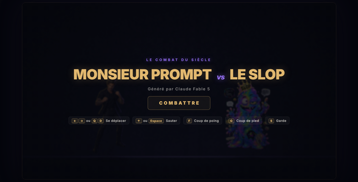 Écran titre du jeu de combat Source IA contre le Slop, généré par Claude Fable 5